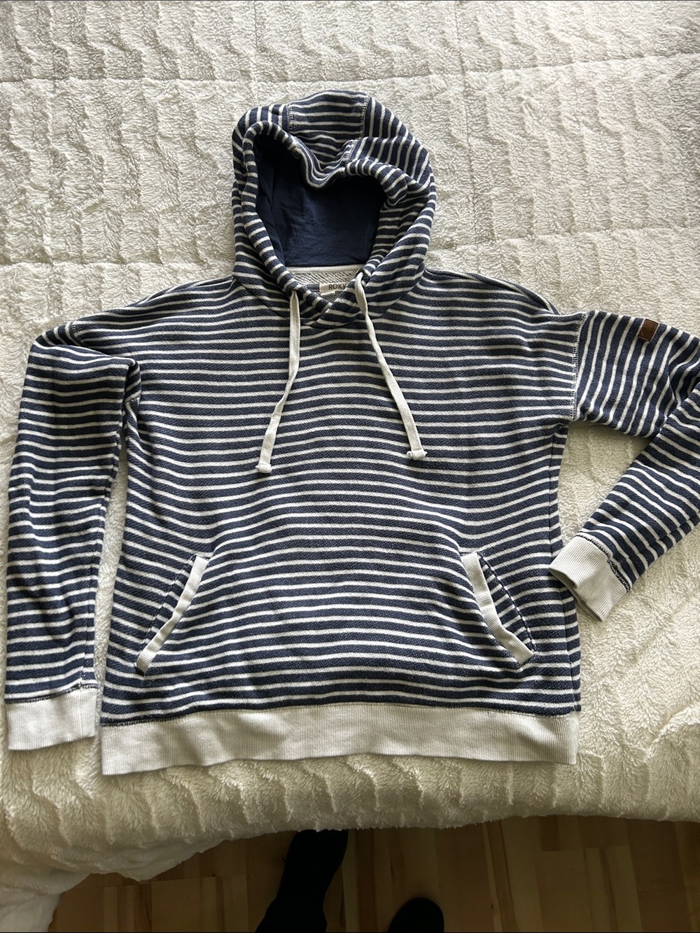 Roxy Navy and White Striped Hooded Sweatshirt